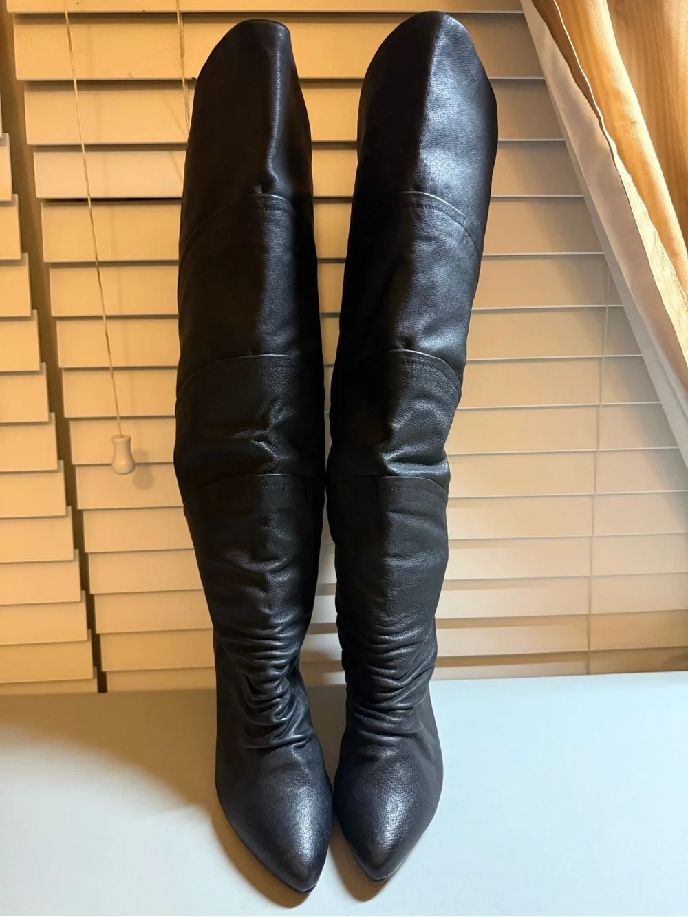 Wild Pair Black Knee High Leather Pointed Toe Stiletto Boots